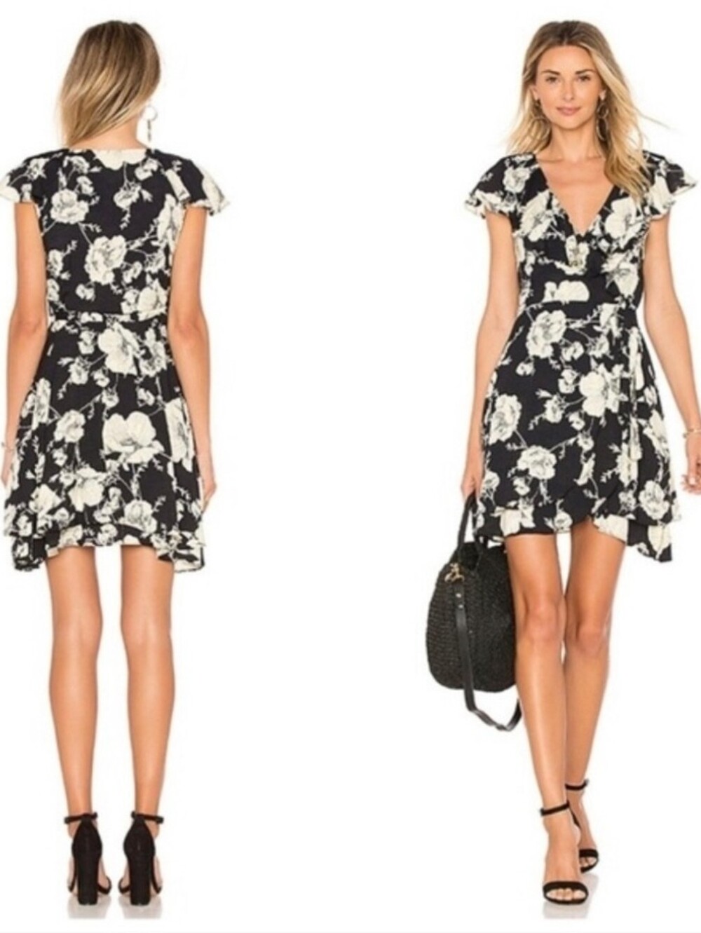 Free People Floral Black and White Wrap Dress Sz S